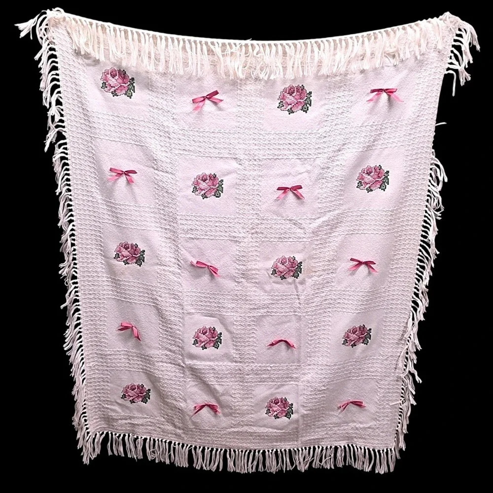 Handmade Blanket White Pink Rose Cross Stitch Satin Bow Fringe Grandmacore Boho